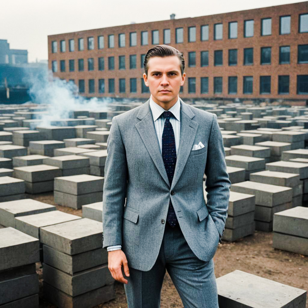 Stylish Man in Gray Suit in Urban Landscape