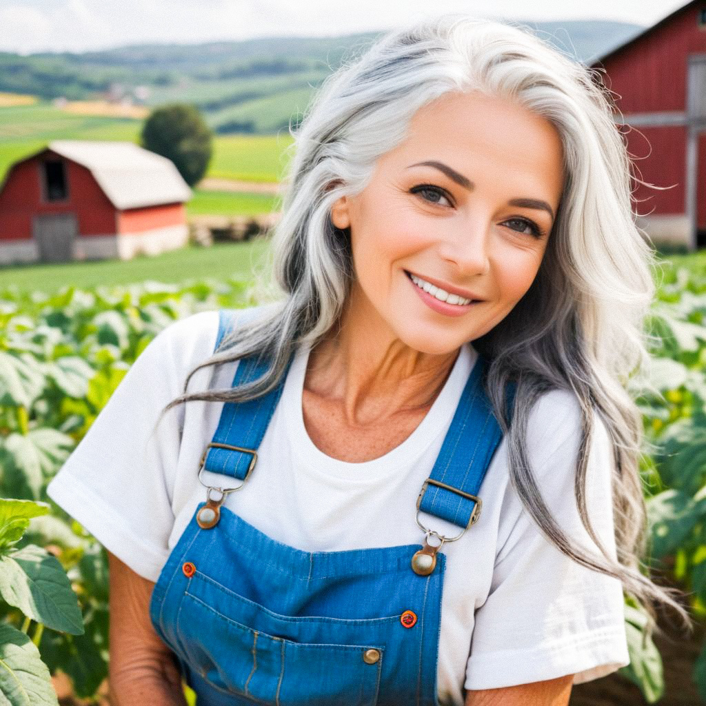 Cheerful woman with gray hair in a farm setting