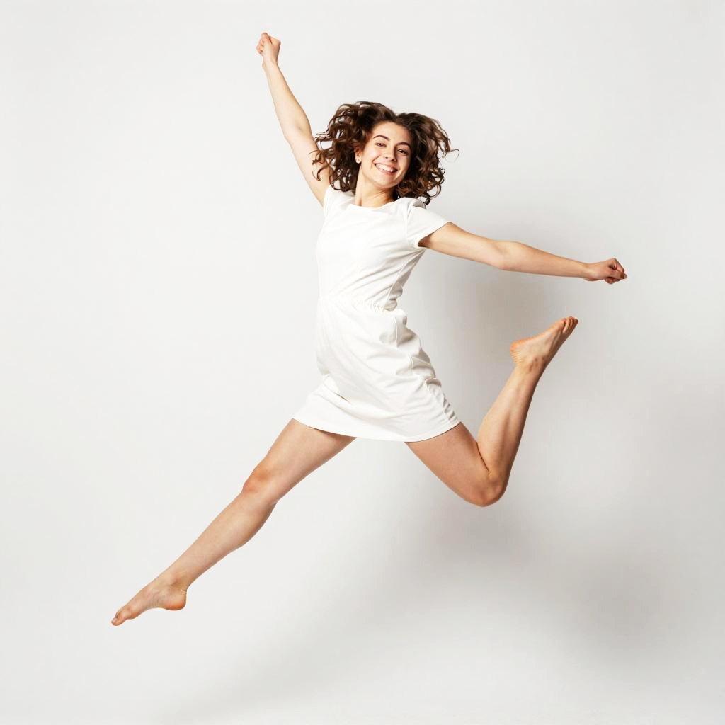 Energetic Young Woman Jumping in White Dress on White Background