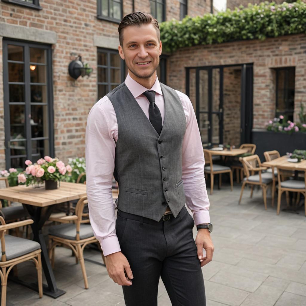 Stylish man in smart casual outfit on outdoor patio