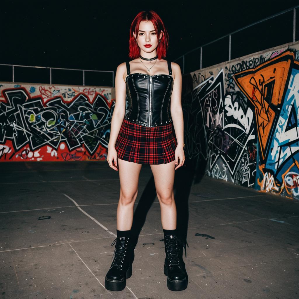 Punk Style Woman with Red Hair in Urban Graffiti Setting at Night