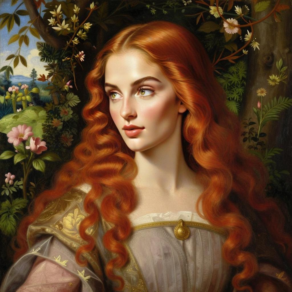 Renaissance-Inspired Portrait of Woman with Red Hair in Floral Garden