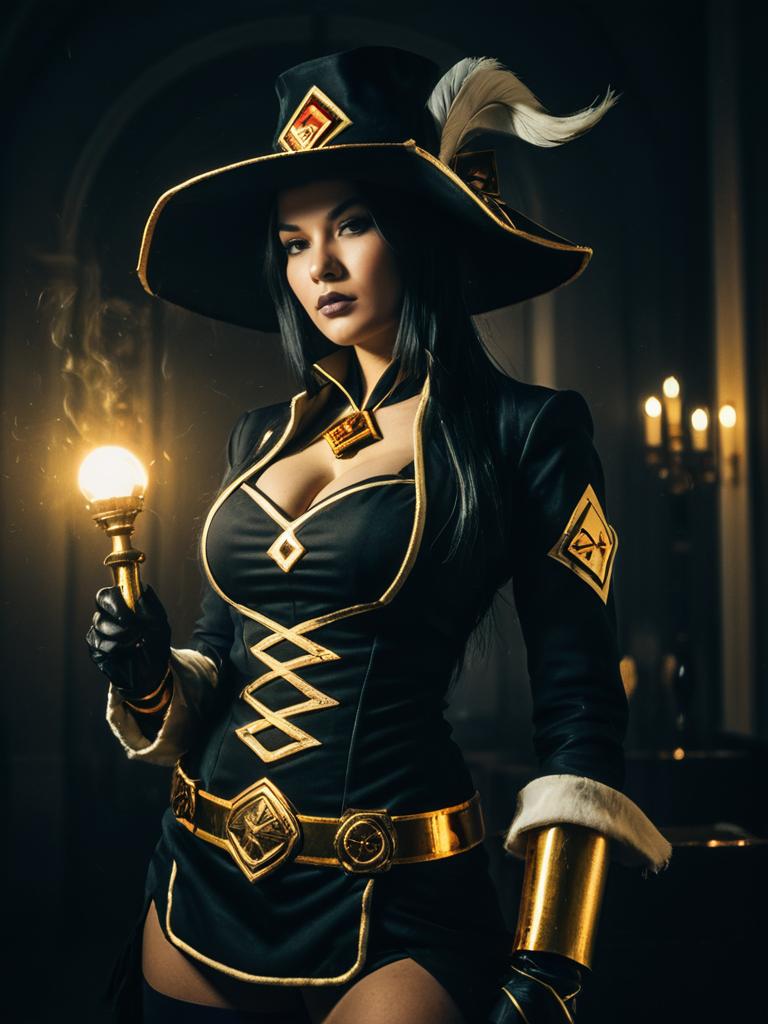 Woman in Realistic Ms. Fortune Cosplay Costume Holding Glowing Light Bulb
