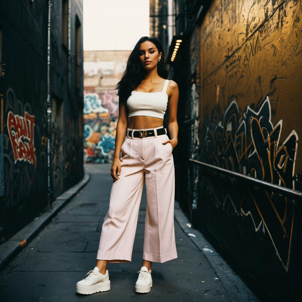 Stylish Woman in White Crop Top and Pink Trousers in Urban Graffiti Alley