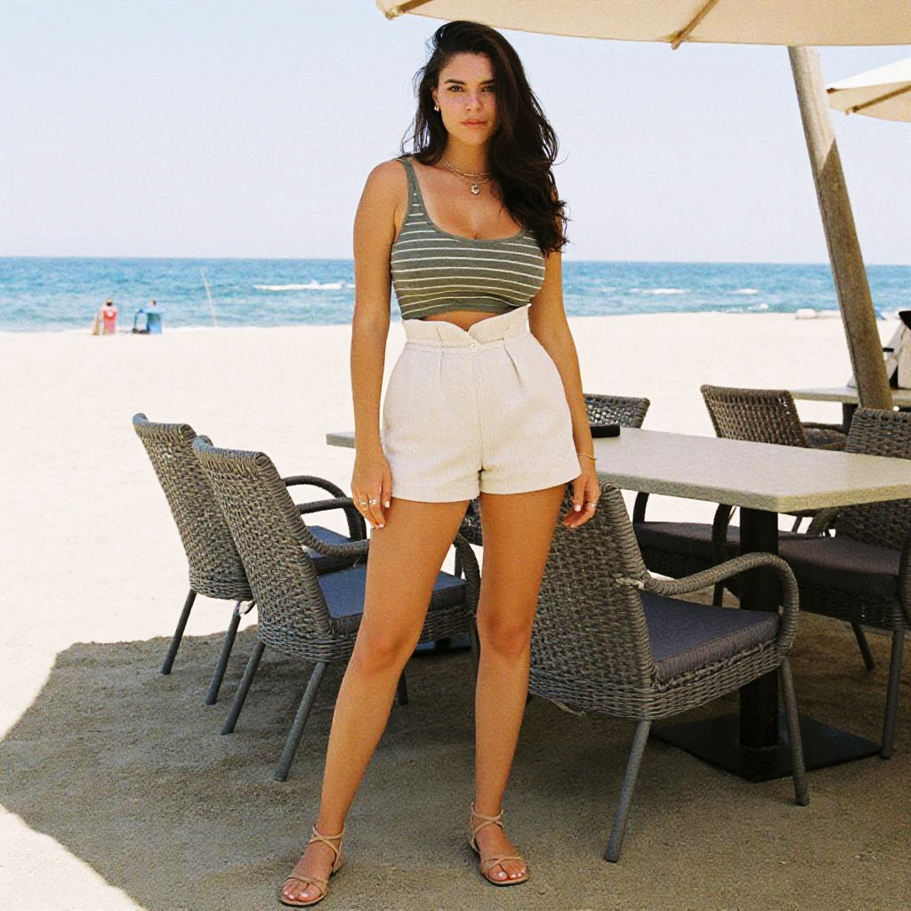 Tall Woman in Casual Summer Outfit with Cropped Olive Green Tank Top on Beach