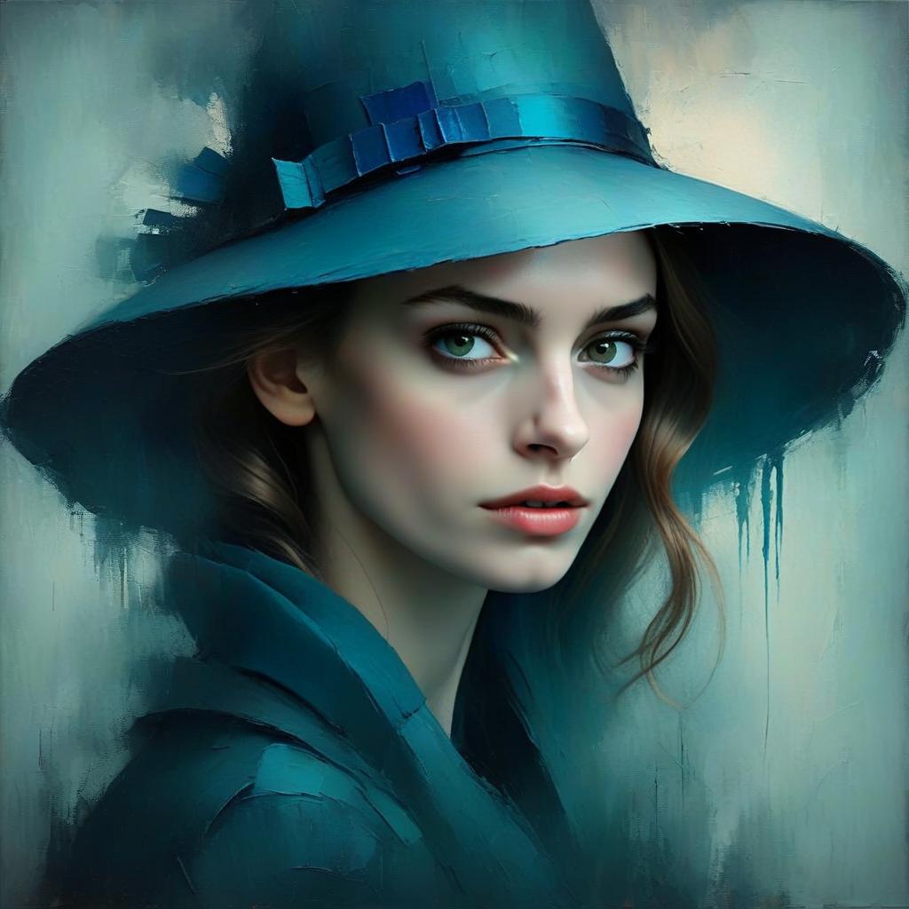 Portrait of Woman in Blue Hat with Impressionistic Artistic Style