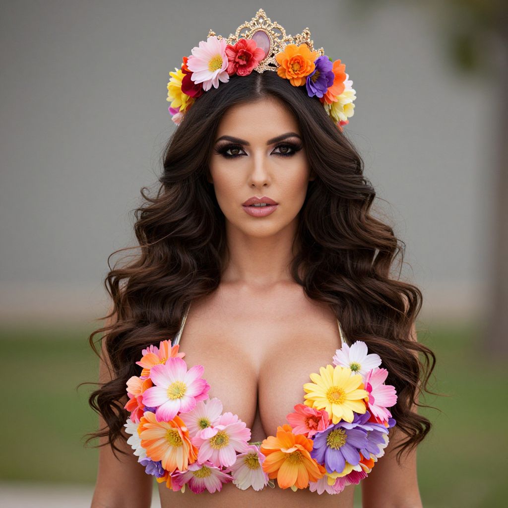 Woman Wearing Vibrant Floral Crown and Matching Bikini Top Close-Up Portrait