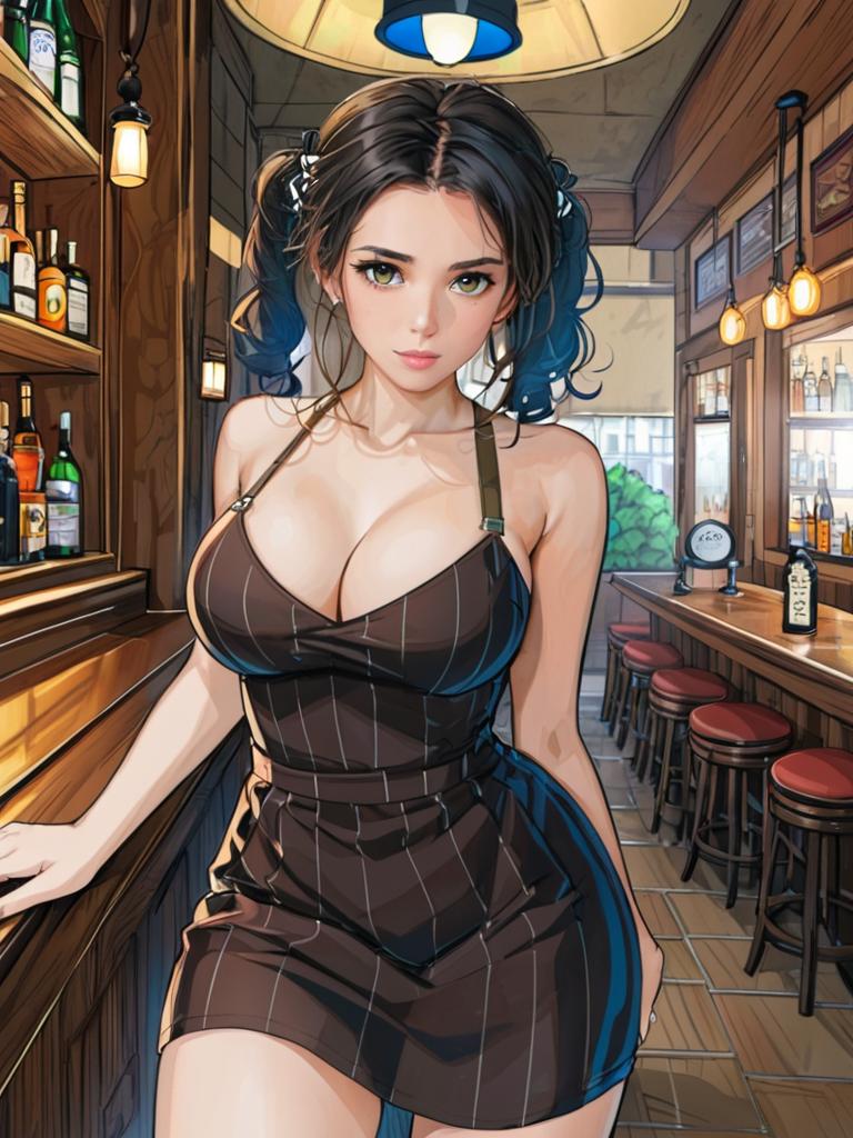 Anime-inspired woman in bar with sunlight