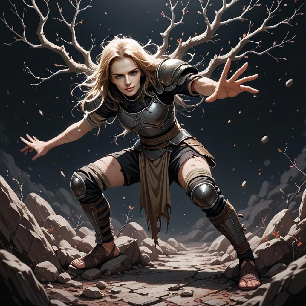 Fierce Woman in Medieval Armor on Rocky Terrain Fierce Woman in Medieval Armor on Rocky Terrain