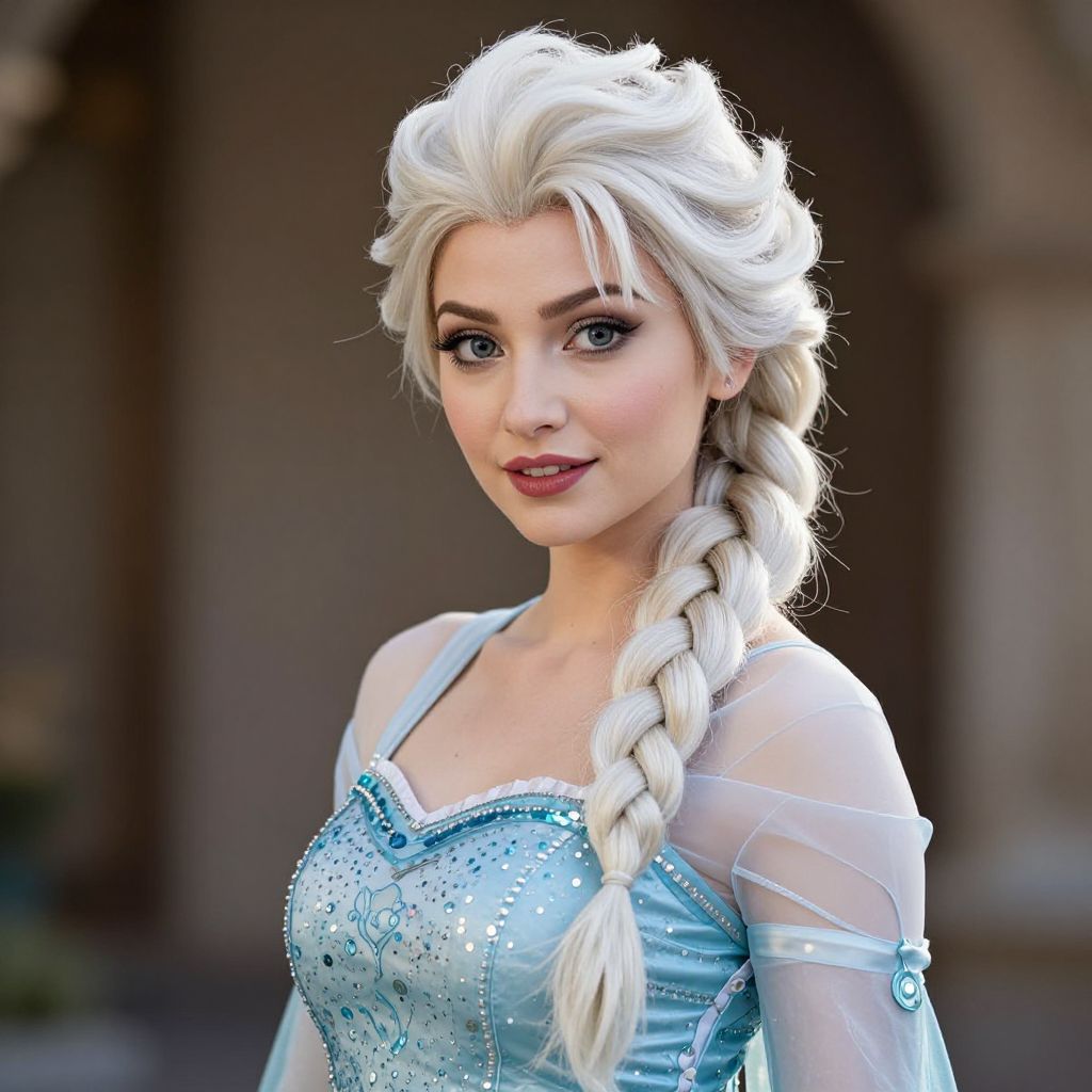 Woman Cosplaying Elsa in Sparkling Blue Gown with Platinum Blonde Braid
