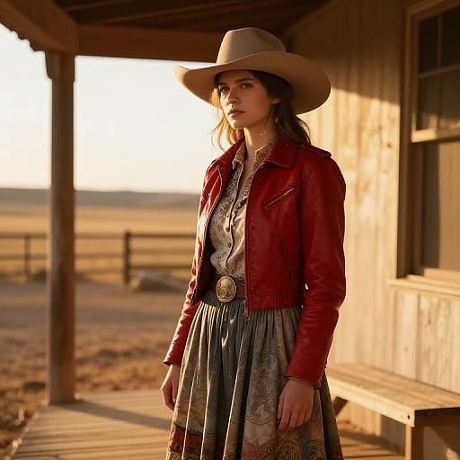 Western Style Woman in Red Leather Jacket and Cowboy Hat on Porch