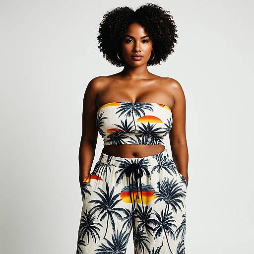 Woman Wearing Tropical Print Summer Outfit with Palm Trees and Sunset Design