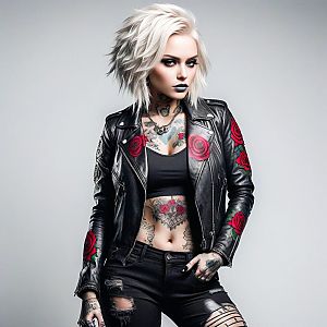 Confident Woman with Platinum Blonde Hair and Bold Tattoos