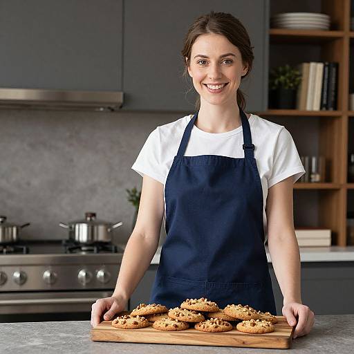 Woman Presenting Freshly Baked Nut Cookies in Modern Kitchen