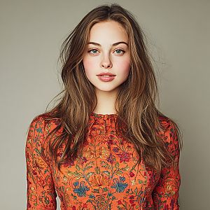 Glamorous Portrait of Young Woman in Floral Blouse