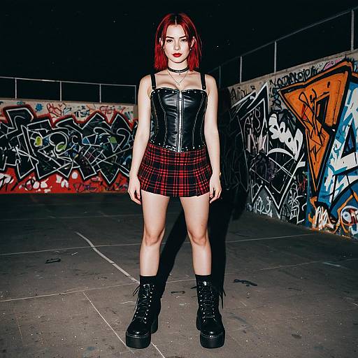 Punk Style Woman with Red Hair in Urban Graffiti Setting at Night