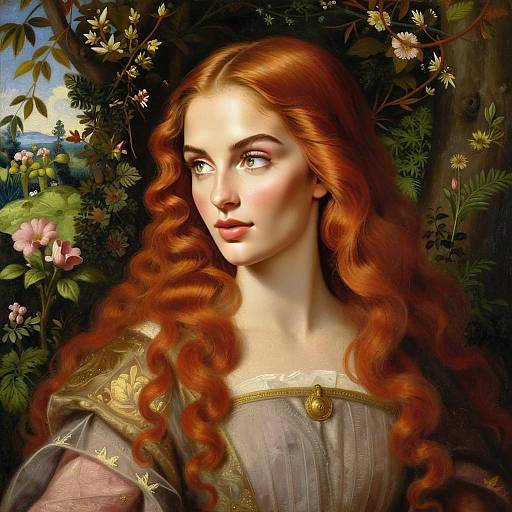 Renaissance-Inspired Portrait of Woman with Red Hair in Floral Garden