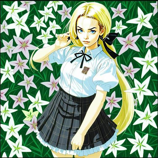 Anime Girl in School Uniform with Blonde Hair and Lilies Background