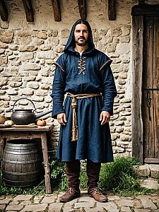 Man in Medieval Peasant Costume Full Body Cosplay Photo in Rustic Setting