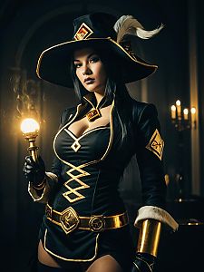 Woman in Realistic Ms. Fortune Cosplay Costume Holding Glowing Light Bulb