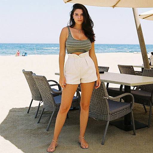 Tall Woman in Casual Summer Outfit with Cropped Olive Green Tank Top on Beach