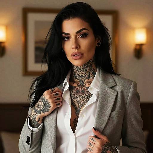 Stylish Tattooed Woman in Grey Blazer and White Shirt Indoors