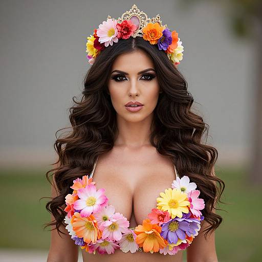 Woman Wearing Vibrant Floral Crown and Matching Bikini Top Close-Up Portrait