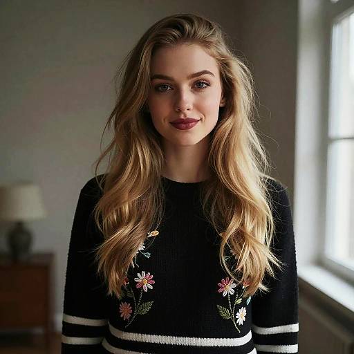Young Woman Wearing Black Floral Embroidered Sweater Indoor Portrait