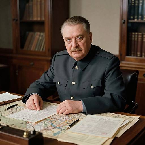 Portrait of a Man in Military Uniform at Desk with Maps and Documents