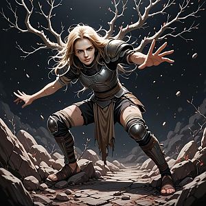 Fierce Woman in Medieval Armor on Rocky Terrain