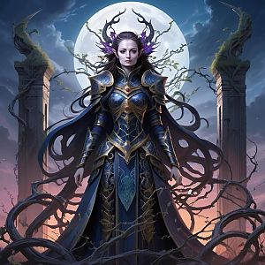 Regal Woman in Armor Against Full Moon