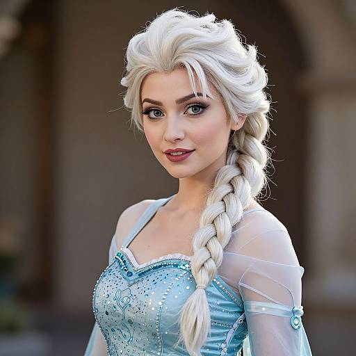 Woman Cosplaying Elsa in Sparkling Blue Gown with Platinum Blonde Braid