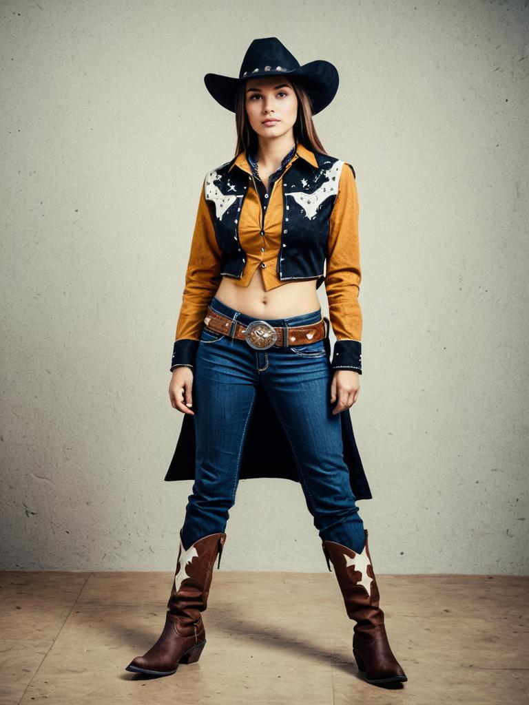 Woman in Cowgirl Cowboy Costume Full Body Cosplay Photo