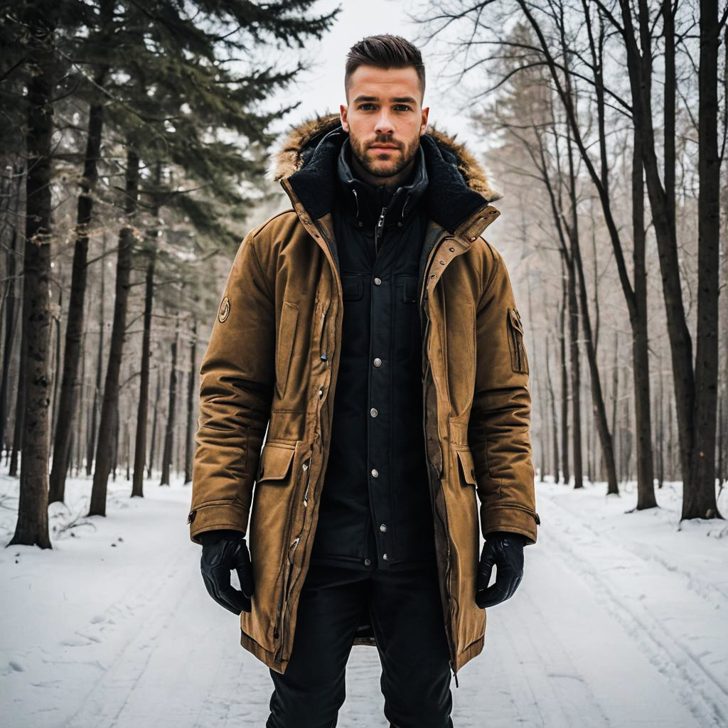 Man in Stylish Brown Parka in Snowy Forest