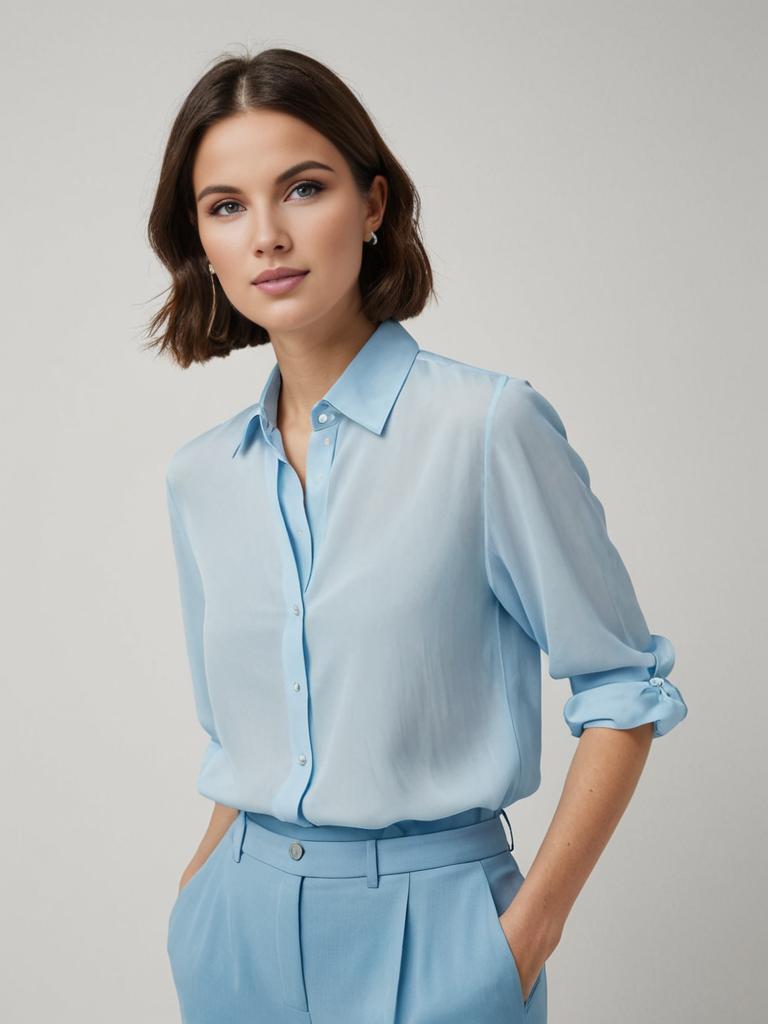 Chic Light Blue Blouse and Trousers Ensemble