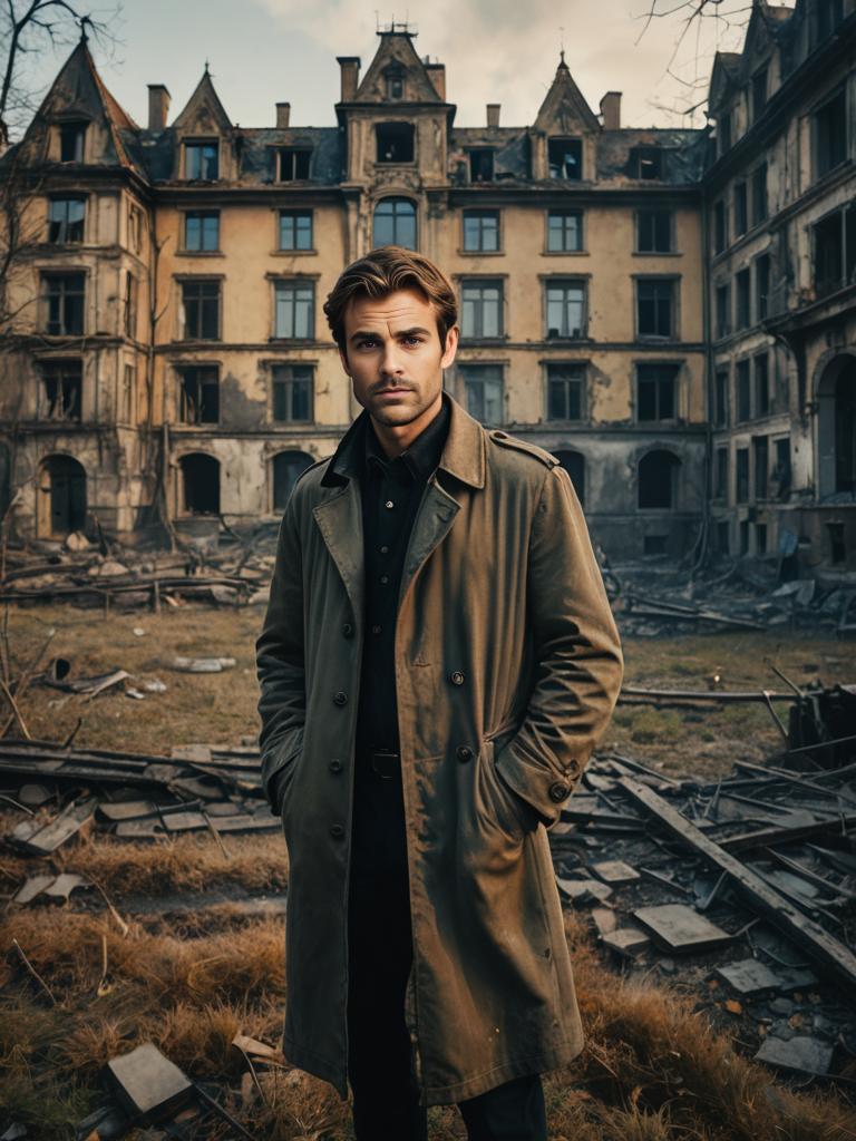 Man in front of derelict building, Tarkovsky-inspired