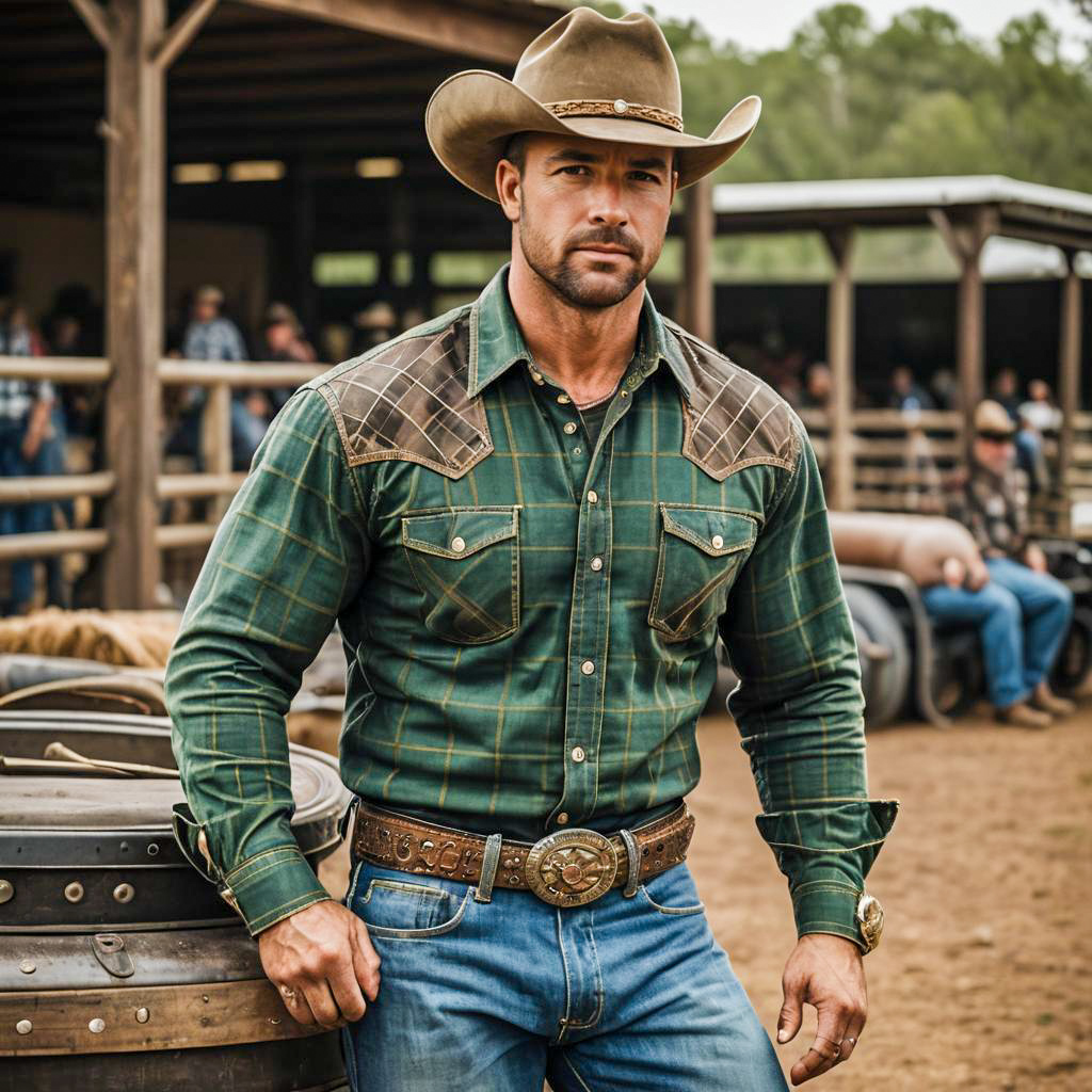 Rodeo Cowboy in Classic Western Dress with Green Plaid Shirt and Hat