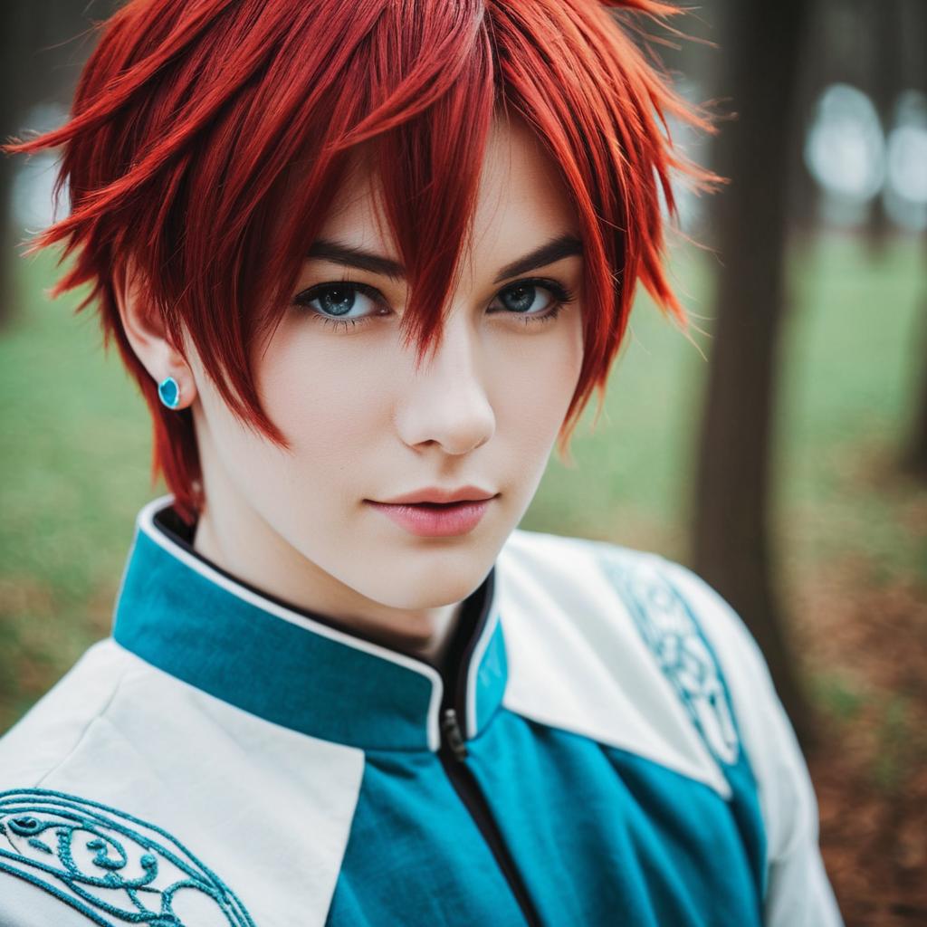 Realistic Cosplay Portrait of Amagi Rinne with Red Hair and Blue Costume