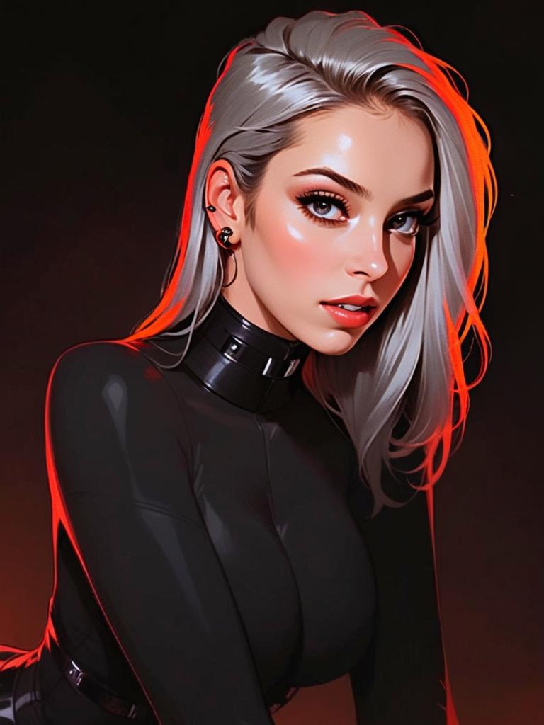 Digital Art of Woman in Black Latex with Silver Hair and Red Backlight