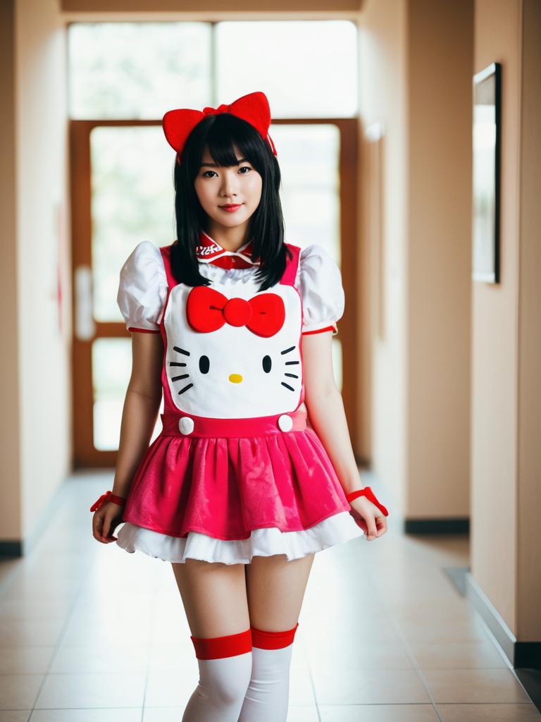Hello Kitty Cosplay Outfit on Young Woman in Hallway