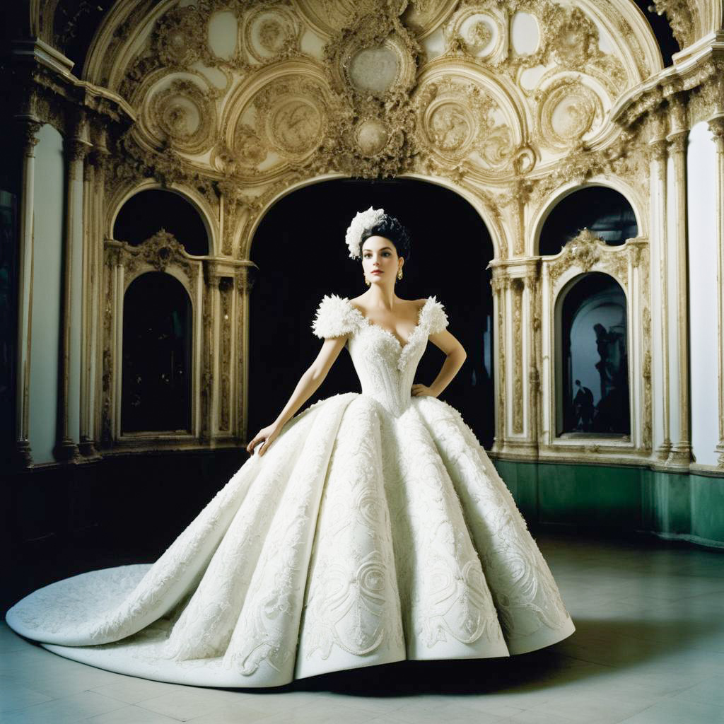 Model in Exquisite White Gown with Floral Embellishments