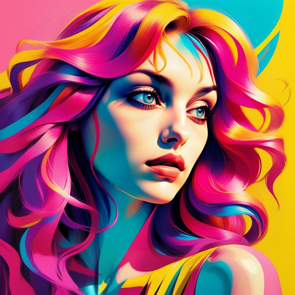 Colorful Pop Art Digital Portrait of Woman with Multicolored Hair