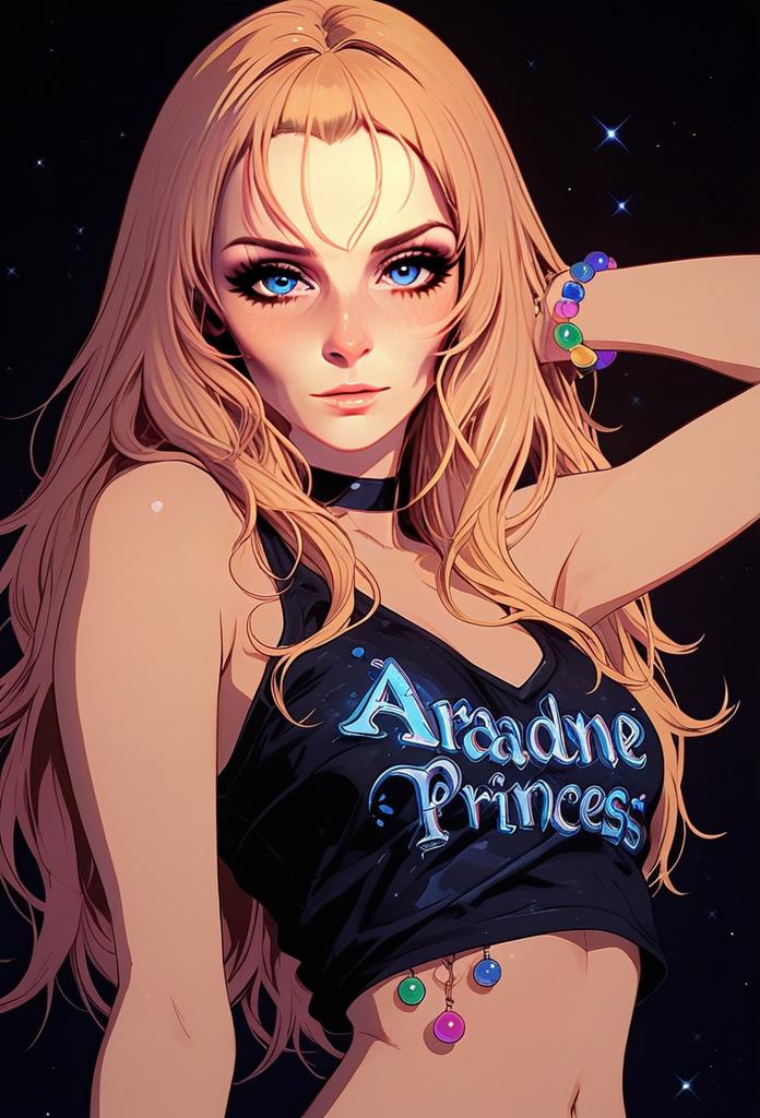 Anime Style Blonde Woman with Ariadne Princess Crop Top and Colorful Accessories