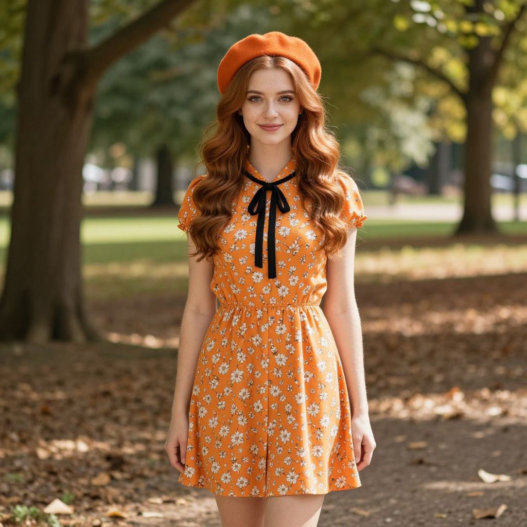 Young Woman Wearing Orange Floral Dress and Beret in Park