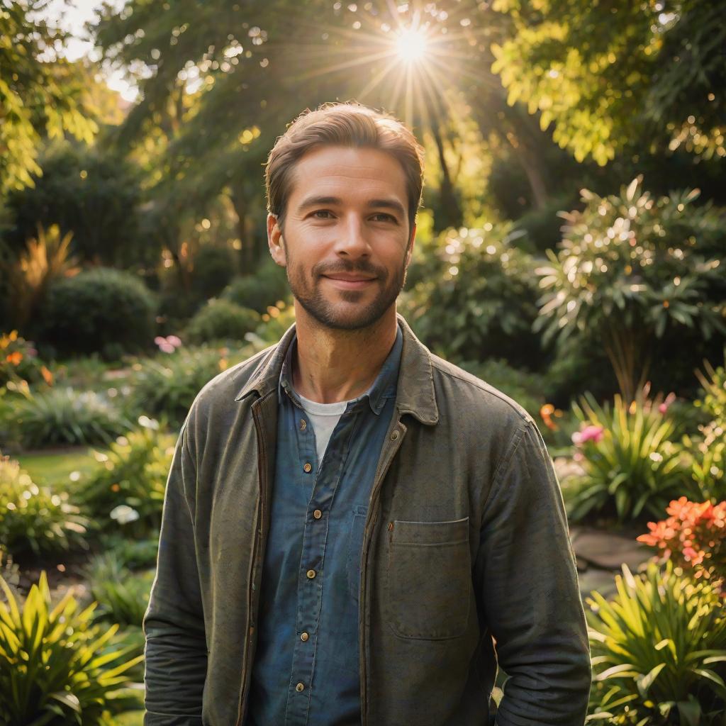 Confident Man in Lush Garden with Sunlight Confident Man in Lush Garden with Sunlight