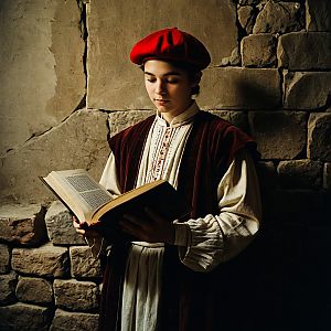 Young Man in Renaissance Clothing Reading a Book