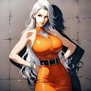 Confident Woman in Orange Dress with White Hair
