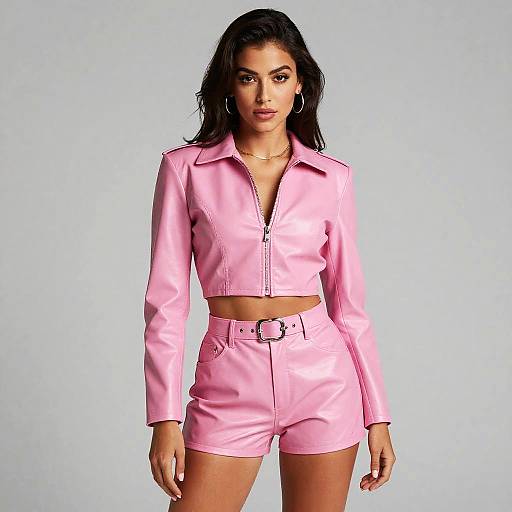 Woman in Pink Leather Cropped Jacket and High-Waisted Shorts Fashion Outfit