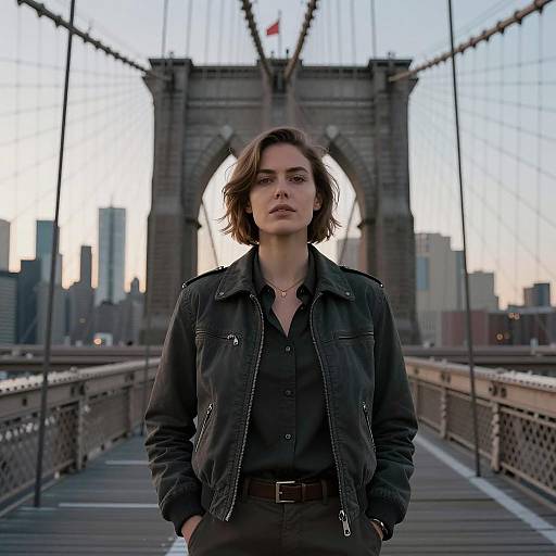 Confident Gen Z Woman on Brooklyn Bridge at Twilight