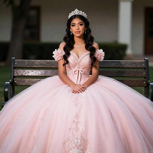 Quinceañera Woman Wearing Pink Dress and Tiara Sitting on Bench